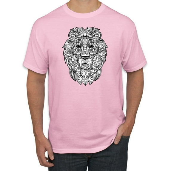 Black and White Mosaic Retro Mandala Lion Animal Lover Graphic T-Shirt, Light Pink, X-Large