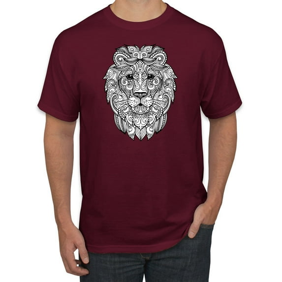 Black and White Mosaic Retro Mandala Lion Animal Lover Graphic T-Shirt, Maroon, Medium