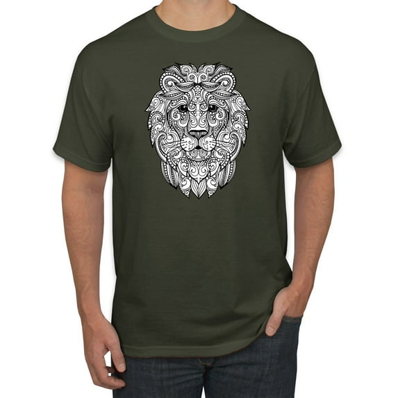 Black and White Mosaic Retro Mandala Lion Animal Lover Graphic T-Shirt, Military Green, Large