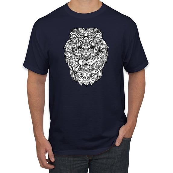 Black and White Mosaic Retro Mandala Lion Animal Lover Graphic T-Shirt, Navy, Large