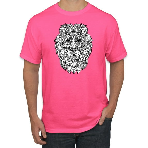 Black and White Mosaic Retro Mandala Lion Animal Lover Graphic T-Shirt, Neon Pink, Large