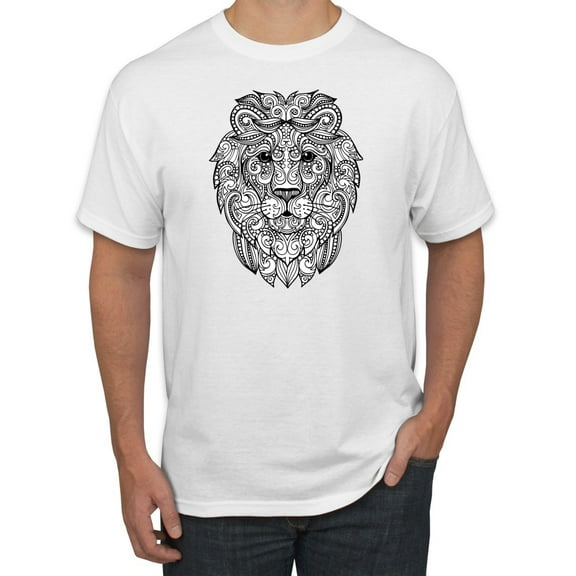 Black and White Mosaic Retro Mandala Lion Animal Lover Graphic T-Shirt, White, X-Large