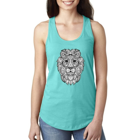 Black and White Mosaic Retro Mandala Lion Animal Lover Ladies Racerback Tank Top, Tahiti Blue, Small