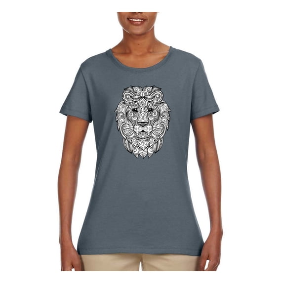 Black and White Mosaic Retro Mandala Lion Animal Lover Womens Graphic T-Shirt, Charcoal, 2XL