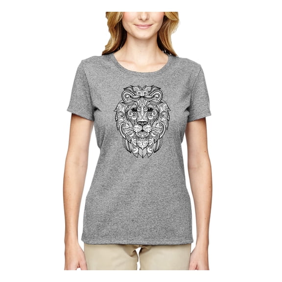 Black and White Mosaic Retro Mandala Lion Animal Lover Womens Graphic T-Shirt, Heather Grey, 3XL