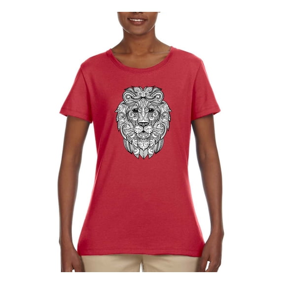 Black and White Mosaic Retro Mandala Lion Animal Lover Womens Graphic T-Shirt, Red, 2XL