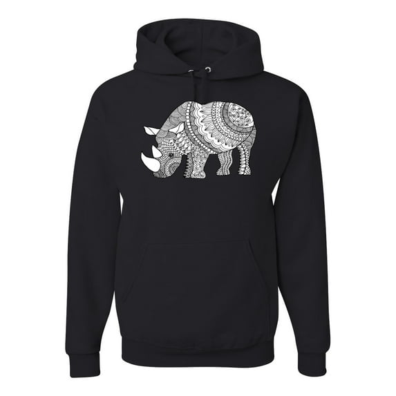 Black and White Mosaic Retro Mandala Rhino Animal Lover Graphic Hoodie Sweatshirt, Black, Small
