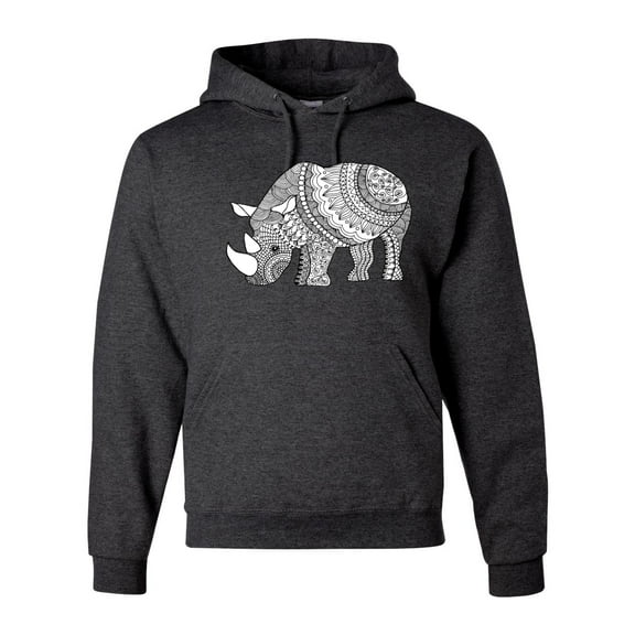 Black and White Mosaic Retro Mandala Rhino Animal Lover Graphic Hoodie Sweatshirt, Heather Black, Medium