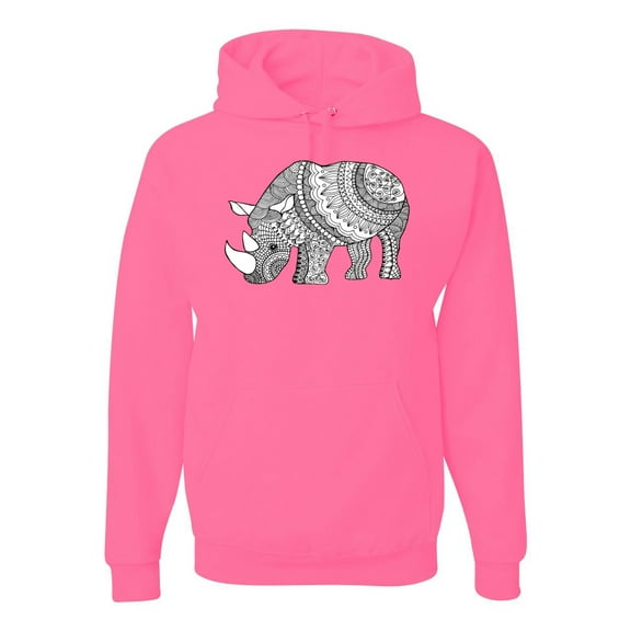 Black and White Mosaic Retro Mandala Rhino Animal Lover Graphic Hoodie Sweatshirt, Neon Pink, Small