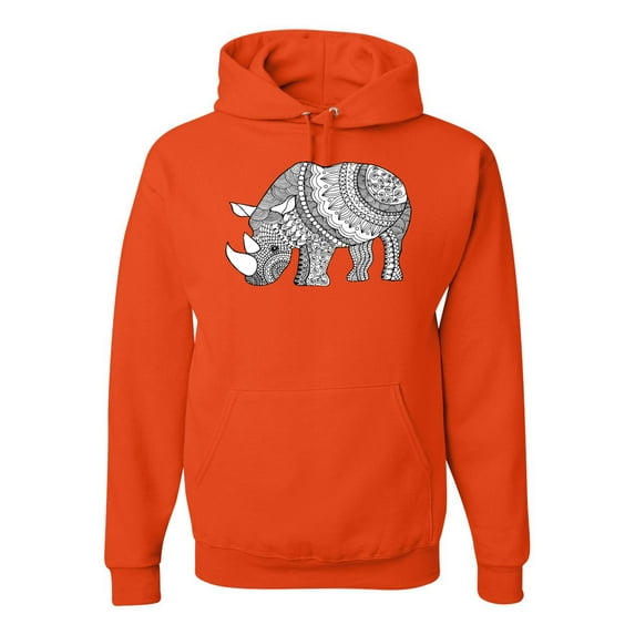 Black and White Mosaic Retro Mandala Rhino Animal Lover Graphic Hoodie Sweatshirt, Orange, Small