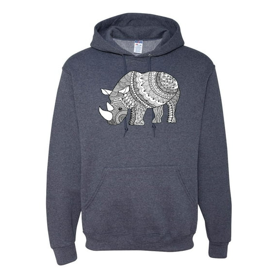 Black and White Mosaic Retro Mandala Rhino Animal Lover Graphic Hoodie Sweatshirt, Vintage Heather Navy, Large