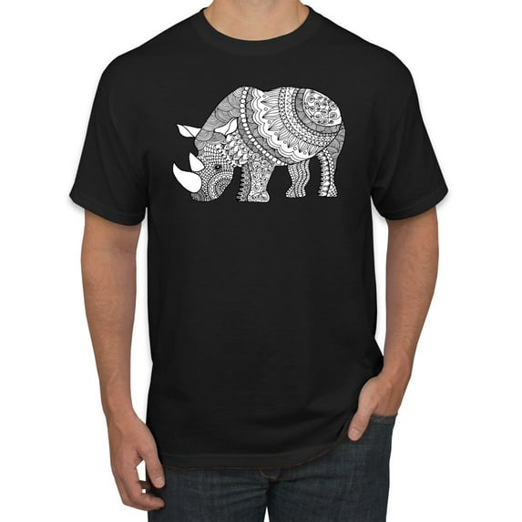 Black and White Mosaic Retro Mandala Rhino Animal Lover Graphic T-Shirt, Black, Small
