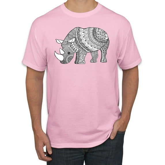 Black and White Mosaic Retro Mandala Rhino Animal Lover Graphic T-Shirt, Light Pink, 3XL