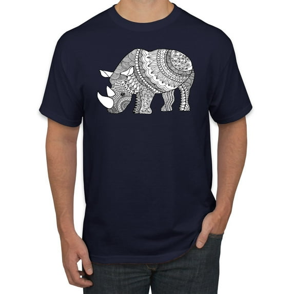 Black and White Mosaic Retro Mandala Rhino Animal Lover Graphic T-Shirt, Navy, X-Large