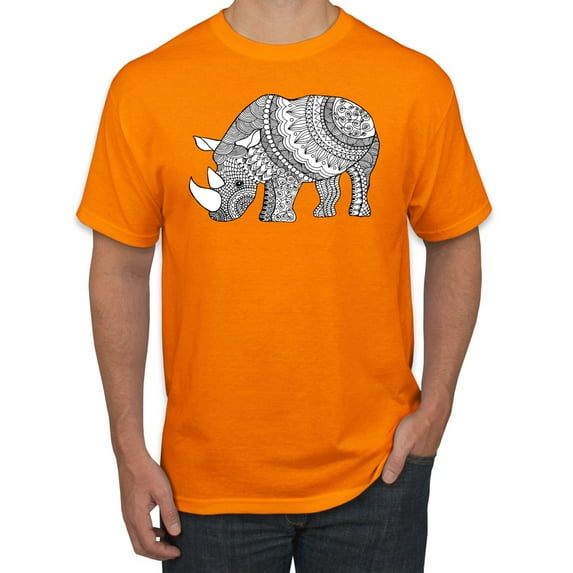 Black and White Mosaic Retro Mandala Rhino Animal Lover Graphic T-Shirt, Orange, 2XL