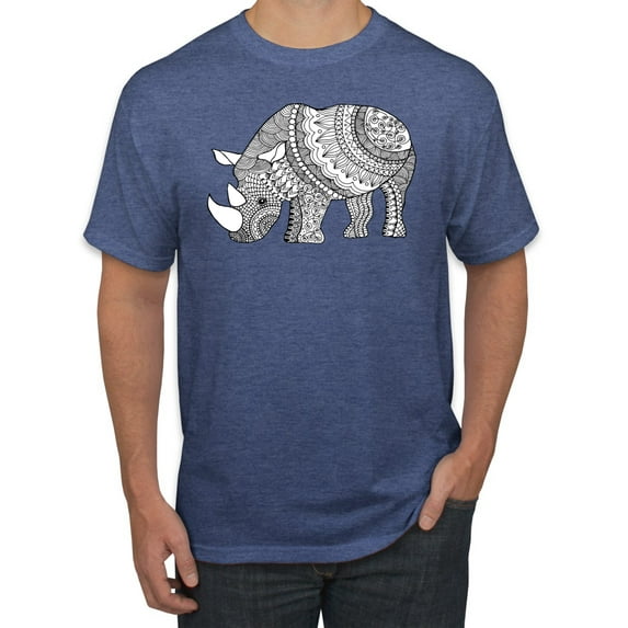 Black and White Mosaic Retro Mandala Rhino Animal Lover Graphic T-Shirt, Vintage Heather Blue, Small