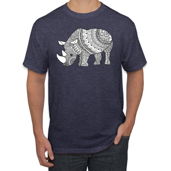 Black and White Mosaic Retro Mandala Rhino Animal Lover Graphic T-Shirt, Vintage Heather Navy, 5XL