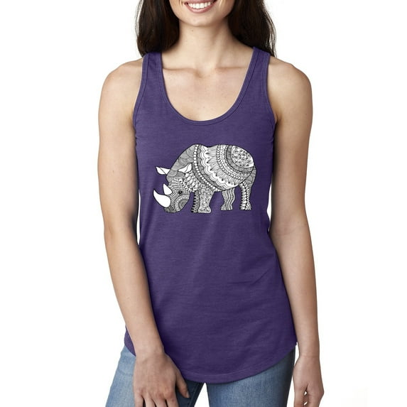 Black and White Mosaic Retro Mandala Rhino Animal Lover Ladies Racerback Tank Top, Purple Rush, Small