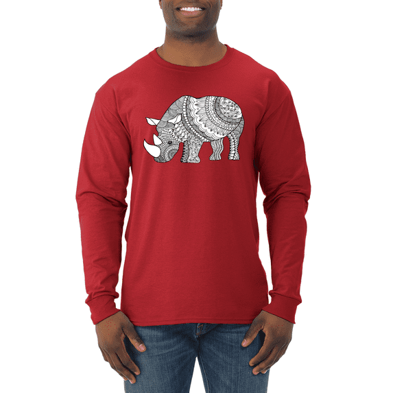 Black and White Mosaic Retro Mandala Rhino Animal Lover Mens Long Sleeve Shirt