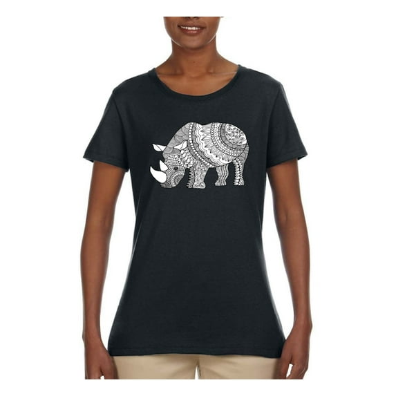 Black and White Mosaic Retro Mandala Rhino Animal Lover Womens Graphic T-Shirt, Black, Small