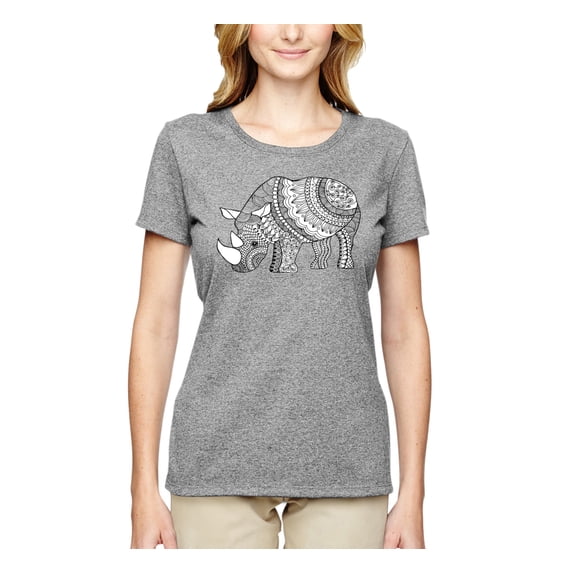 Black and White Mosaic Retro Mandala Rhino Animal Lover Womens Graphic T-Shirt, Heather Grey, X-Large