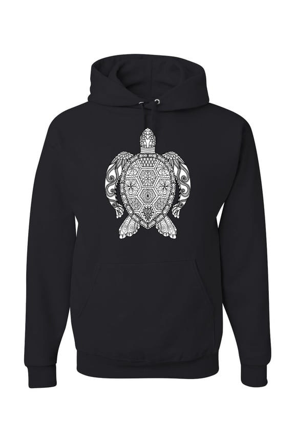Black and White Mosaic Retro Mandala Turtle Animal Lover Graphic Hoodie Sweatshirt, Black, 2XL