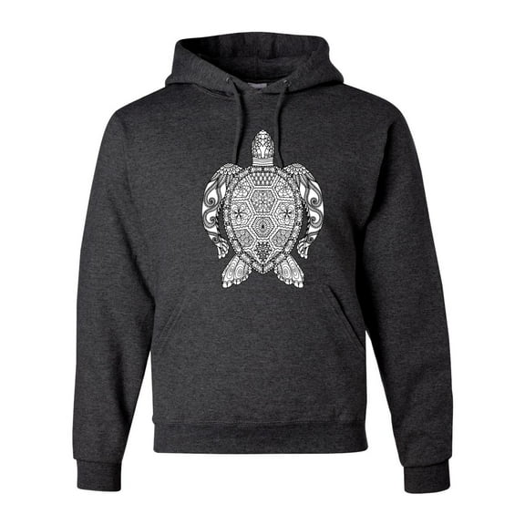 Black and White Mosaic Retro Mandala Turtle Animal Lover Graphic Hoodie Sweatshirt, Heather Black, X-Large