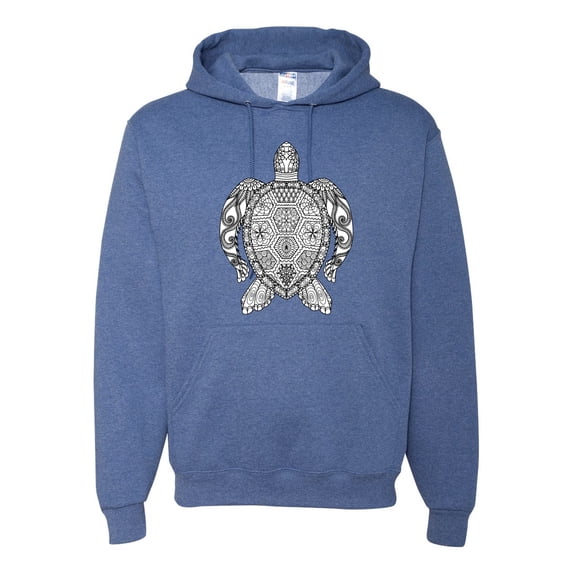 Black and White Mosaic Retro Mandala Turtle Animal Lover Graphic Hoodie Sweatshirt, Vintage Heather Blue, X-Large