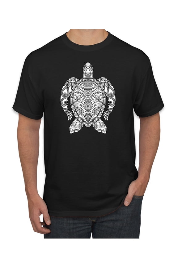 Black and White Mosaic Retro Mandala Turtle Animal Lover Graphic T-Shirt, Black, Large