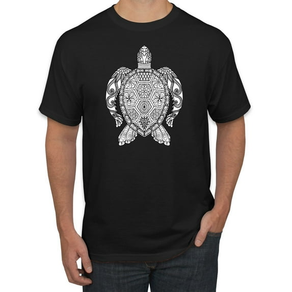 Black and White Mosaic Retro Mandala Turtle Animal Lover Graphic T-Shirt, Black, Small