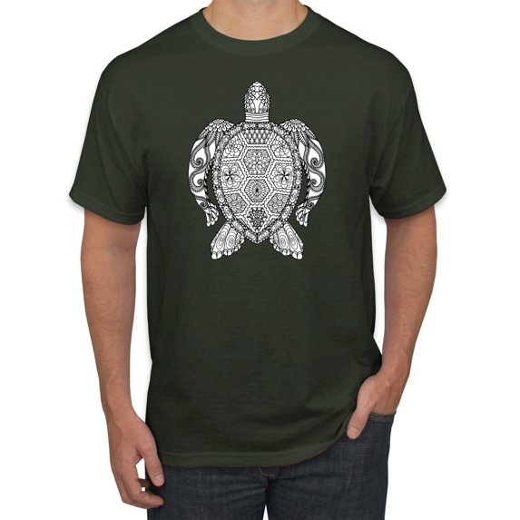 Black and White Mosaic Retro Mandala Turtle Animal Lover Graphic T-Shirt, Forest Green, Small
