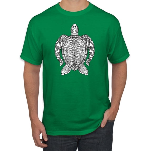 Black and White Mosaic Retro Mandala Turtle Animal Lover Graphic T-Shirt, Kelly, Medium