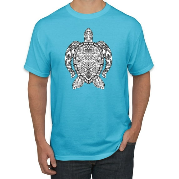 Black and White Mosaic Retro Mandala Turtle Animal Lover Graphic T-Shirt, Light Turquoise, 4XL