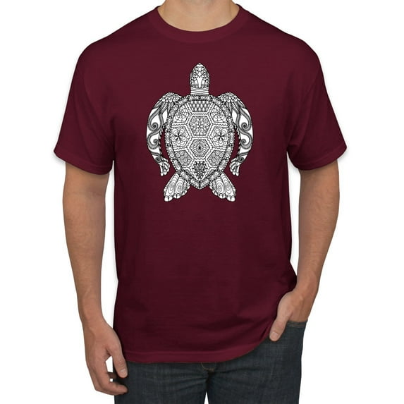 Black and White Mosaic Retro Mandala Turtle Animal Lover Graphic T-Shirt, Maroon, Small