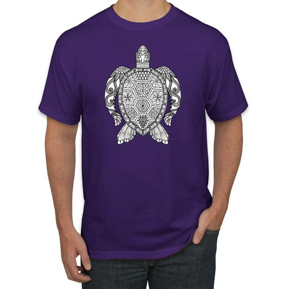 Black and White Mosaic Retro Mandala Turtle Animal Lover Graphic T-Shirt, Purple, Large