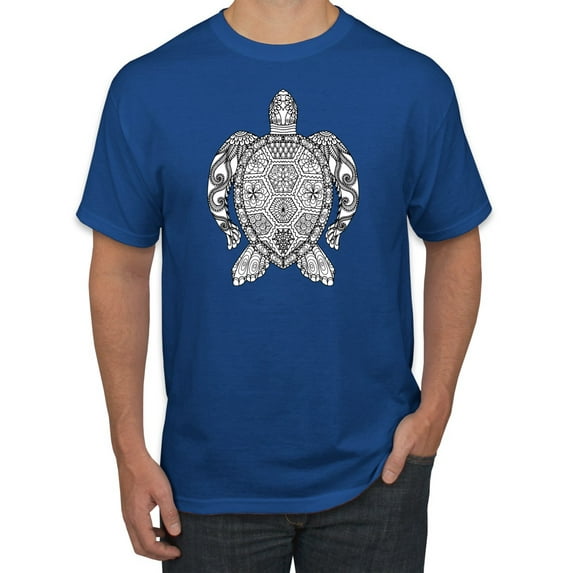 Black and White Mosaic Retro Mandala Turtle Animal Lover Graphic T-Shirt, Royal, 2XL