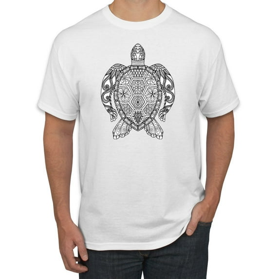 Black and White Mosaic Retro Mandala Turtle Animal Lover Graphic T-Shirt, White, Medium