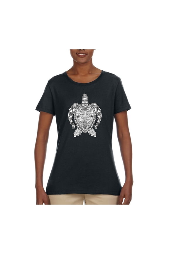 Black and White Mosaic Retro Mandala Turtle Animal Lover Womens Graphic T-Shirt, Black, 3XL