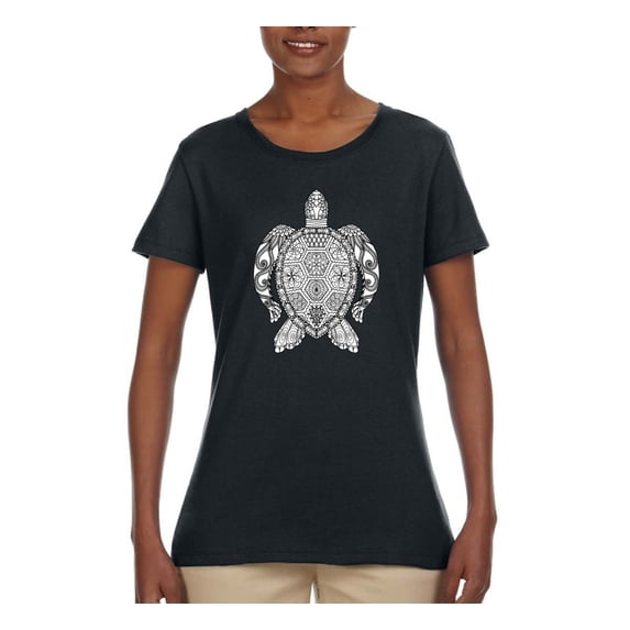 Black and White Mosaic Retro Mandala Turtle Animal Lover Womens Graphic T-Shirt, Black, Small