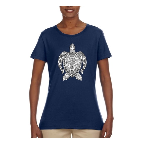 Black and White Mosaic Retro Mandala Turtle Animal Lover Womens Graphic T-Shirt, Navy, 3XL