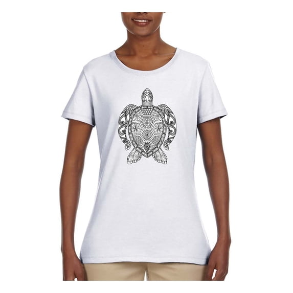 Black and White Mosaic Retro Mandala Turtle Animal Lover Womens Graphic T-Shirt, White, X-Large