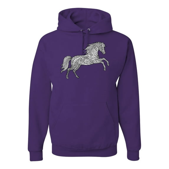 Black and White Mosaic Retro Mandala Wild Horse Animal Lover Graphic Hoodie Sweatshirt, Purple, 2XL