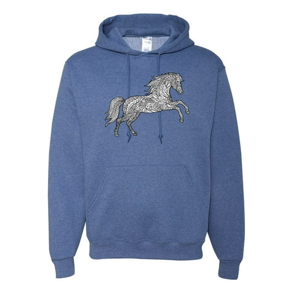 Black and White Mosaic Retro Mandala Wild Horse Animal Lover Graphic Hoodie Sweatshirt, Vintage Heather Blue, Small