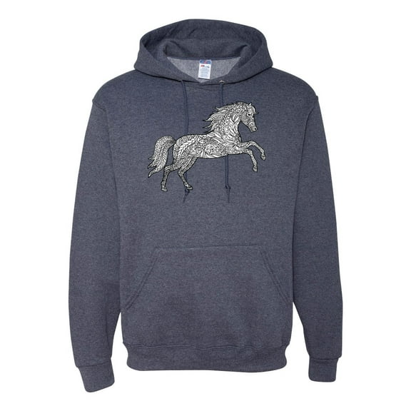 Black and White Mosaic Retro Mandala Wild Horse Animal Lover Graphic Hoodie Sweatshirt, Vintage Heather Navy, Small