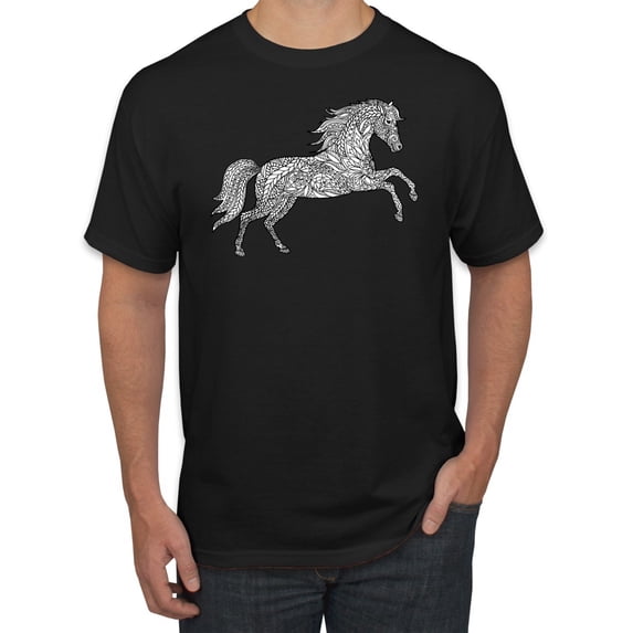 Black and White Mosaic Retro Mandala Wild Horse Animal Lover Graphic T-Shirt, Black, Small