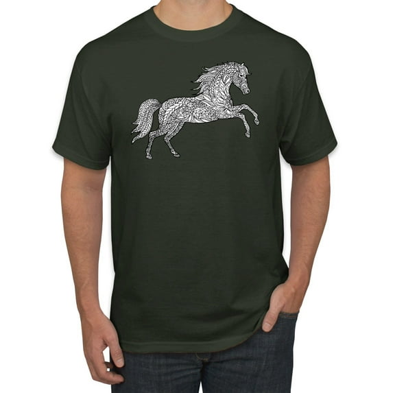 Black and White Mosaic Retro Mandala Wild Horse Animal Lover Graphic T-Shirt, Forest Green, 3XL