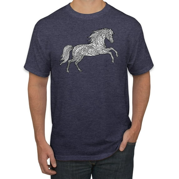 Black and White Mosaic Retro Mandala Wild Horse Animal Lover Graphic T-Shirt, Vintage Heather Navy, Medium
