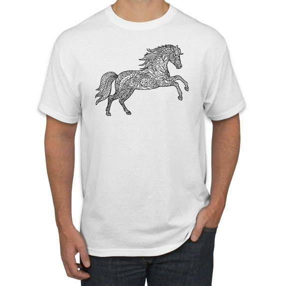 Black and White Mosaic Retro Mandala Wild Horse Animal Lover Graphic T-Shirt, White, 3XL