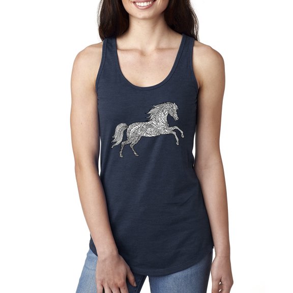 Black and White Mosaic Retro Mandala Wild Horse Animal Lover Ladies Racerback Tank Top, Navy, Medium
