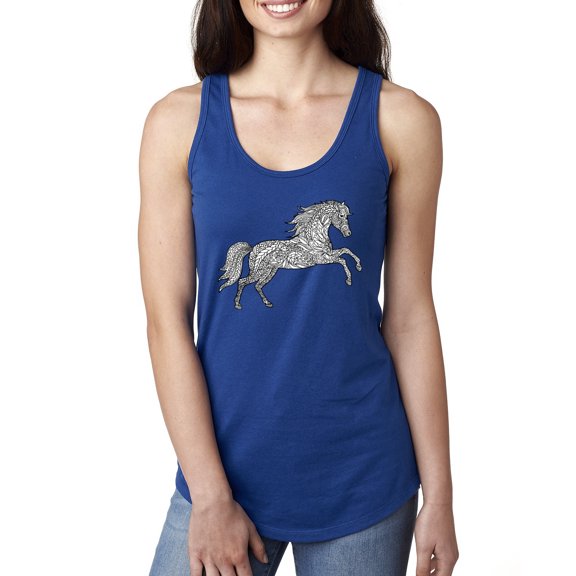 Black and White Mosaic Retro Mandala Wild Horse Animal Lover Ladies Racerback Tank Top, Royal, Small